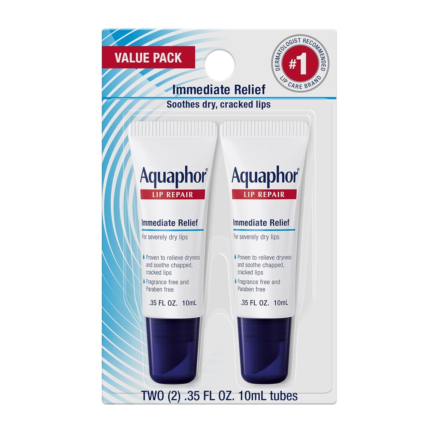 Shows the core product—two tubes of Aquaphor Lip Repair—in retail packaging to communicate the value pack offering and immediate relief benefit for dry, cracked lips. Displays the retail packaging…