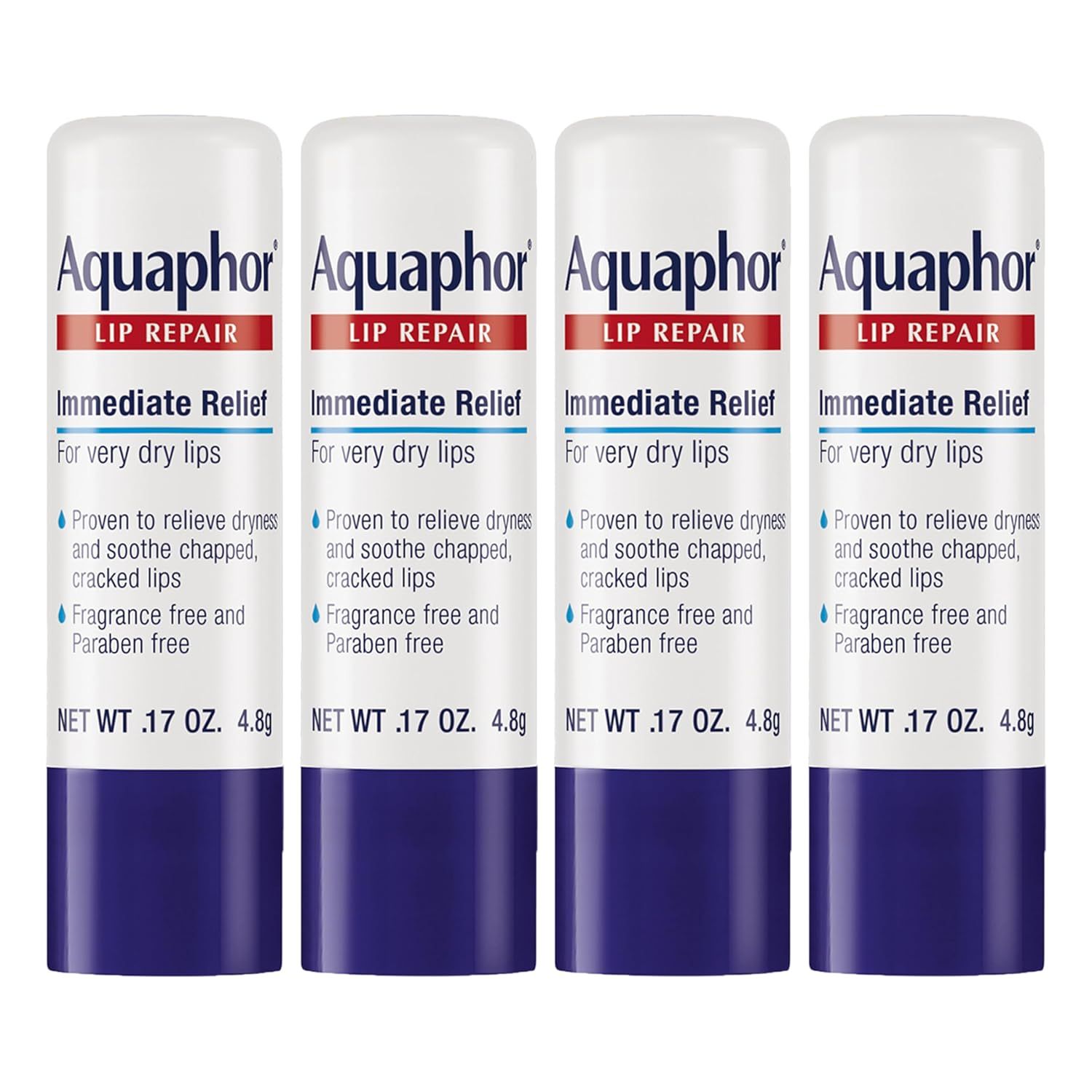 Shows the core product in a multi-pack format, allowing shoppers to see the Aquaphor Lip Repair packaging, branding, and key benefits like immediate relief for very dry lips.
