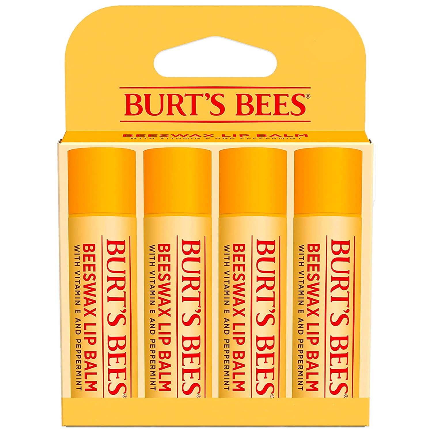Displays the core sellable product—a 4-pack of Burt's Bees Beeswax Lip Balm with Vitamin E and Peppermint—clearly showing the quantity and branding to help shoppers understand exactly what they are…