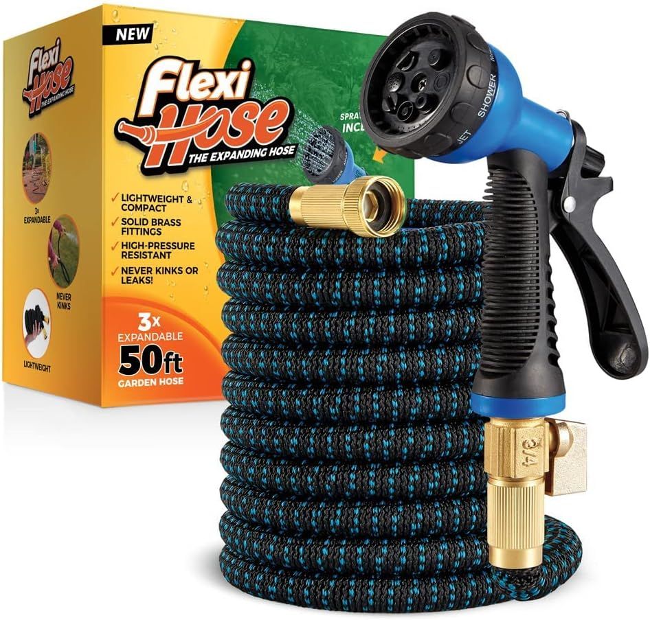 Shows the complete expandable garden hose product with all its key components including the coiled hose, spray nozzle attachment, and brass fittings to communicate what the buyer will receive.…