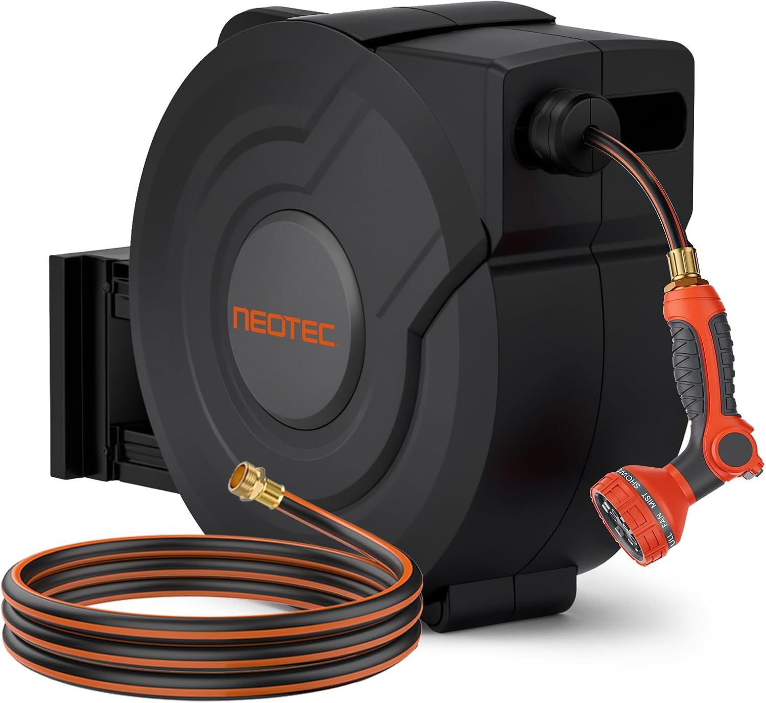 Displays the core product—a wall-mounted retractable hose reel with spray nozzle—clearly showing its design, branding, and included components to help…