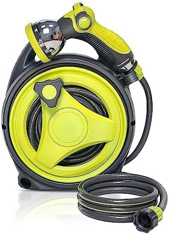 Displays the complete garden hose reel product with its spray nozzle attachment and coiled hose to show shoppers exactly what they will receive and how the…