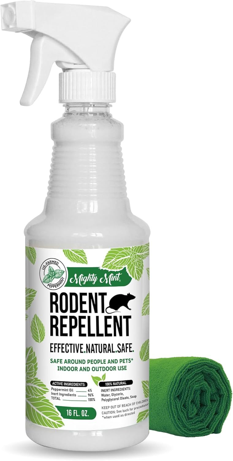 Displays the core product—a spray bottle of Mighty Mint rodent repellent—clearly showing the brand, product type, and key selling points (natural, safe, effective) to help shoppers quickly identify…