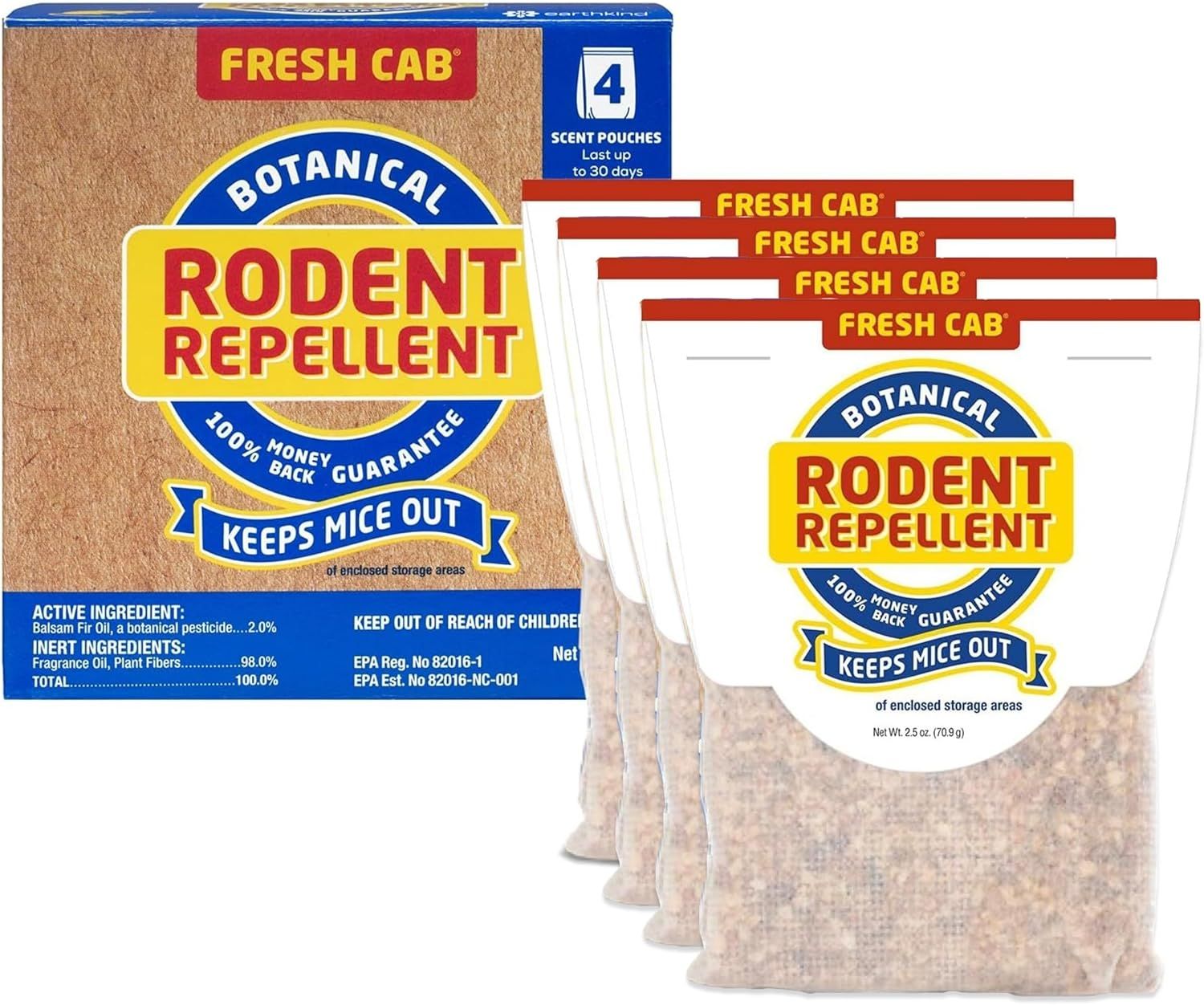 Shows the Fresh Cab rodent repellent product packaging and the four included scent pouches to communicate what the shopper will receive and how the product…