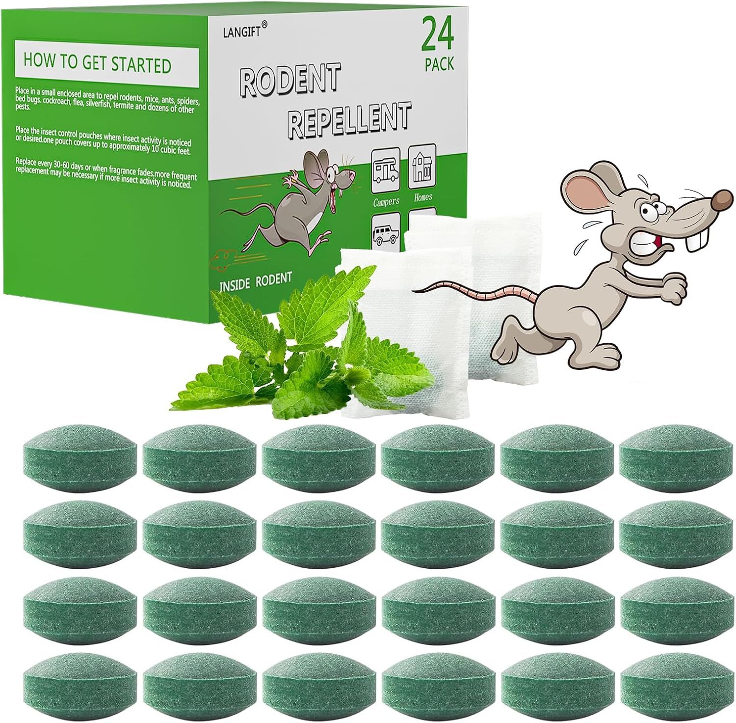 Shows the core product - a 24-pack of green rodent repellent pouches - clearly displayed so shoppers understand what they are purchasing. Uses cartoon mouse graphics and fresh mint leaves as visual…