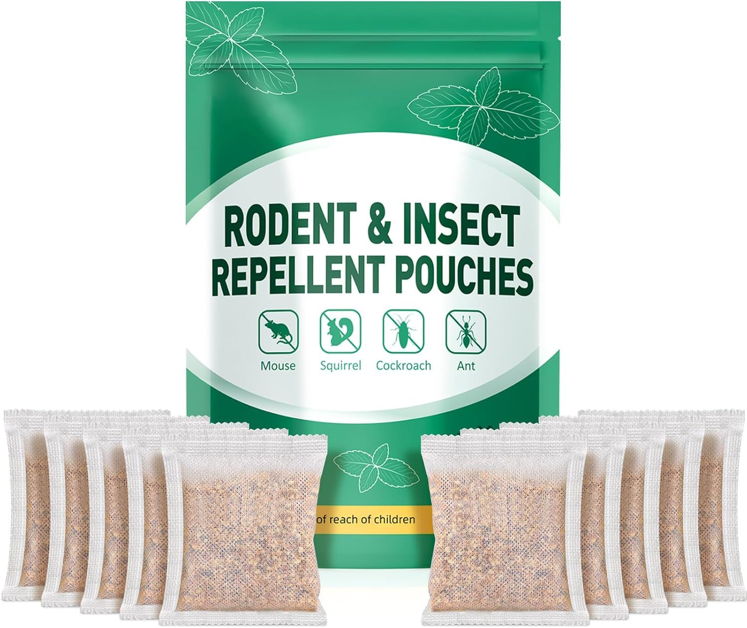Shows the core product—a green retail pouch of rodent and insect repellent pouches—along with multiple individual repellent sachets to communicate what the…