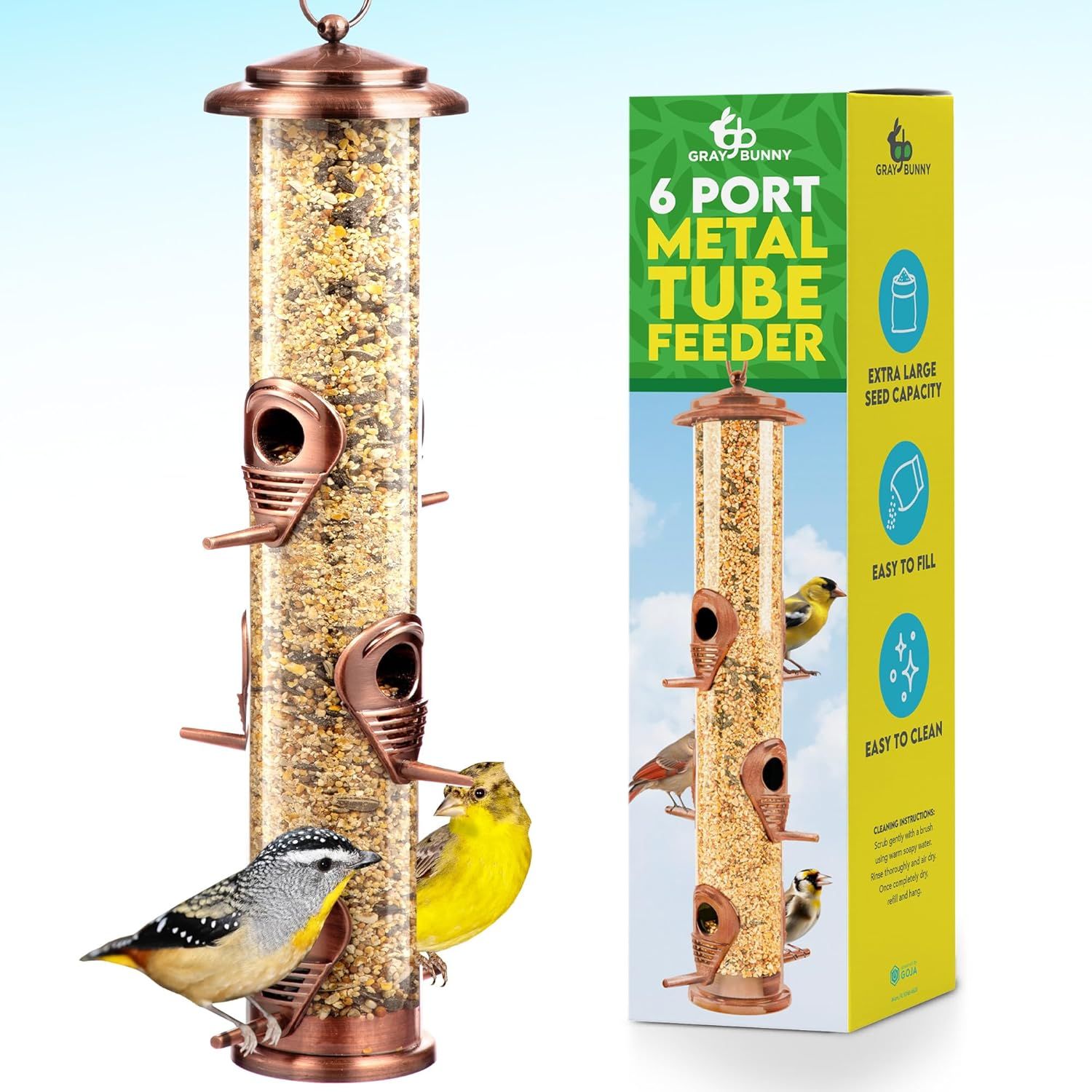 Displays the core product—a copper-finish tube bird feeder with multiple feeding ports—alongside its retail packaging to show shoppers exactly what they will receive and its key features. Shows the…