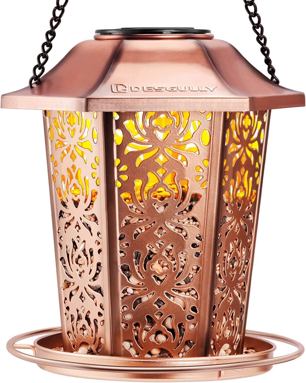 Displays the core product—a decorative copper-finish bird feeder with ornate cutout patterns—to show shoppers what they will receive and highlight its aesthetic appeal.