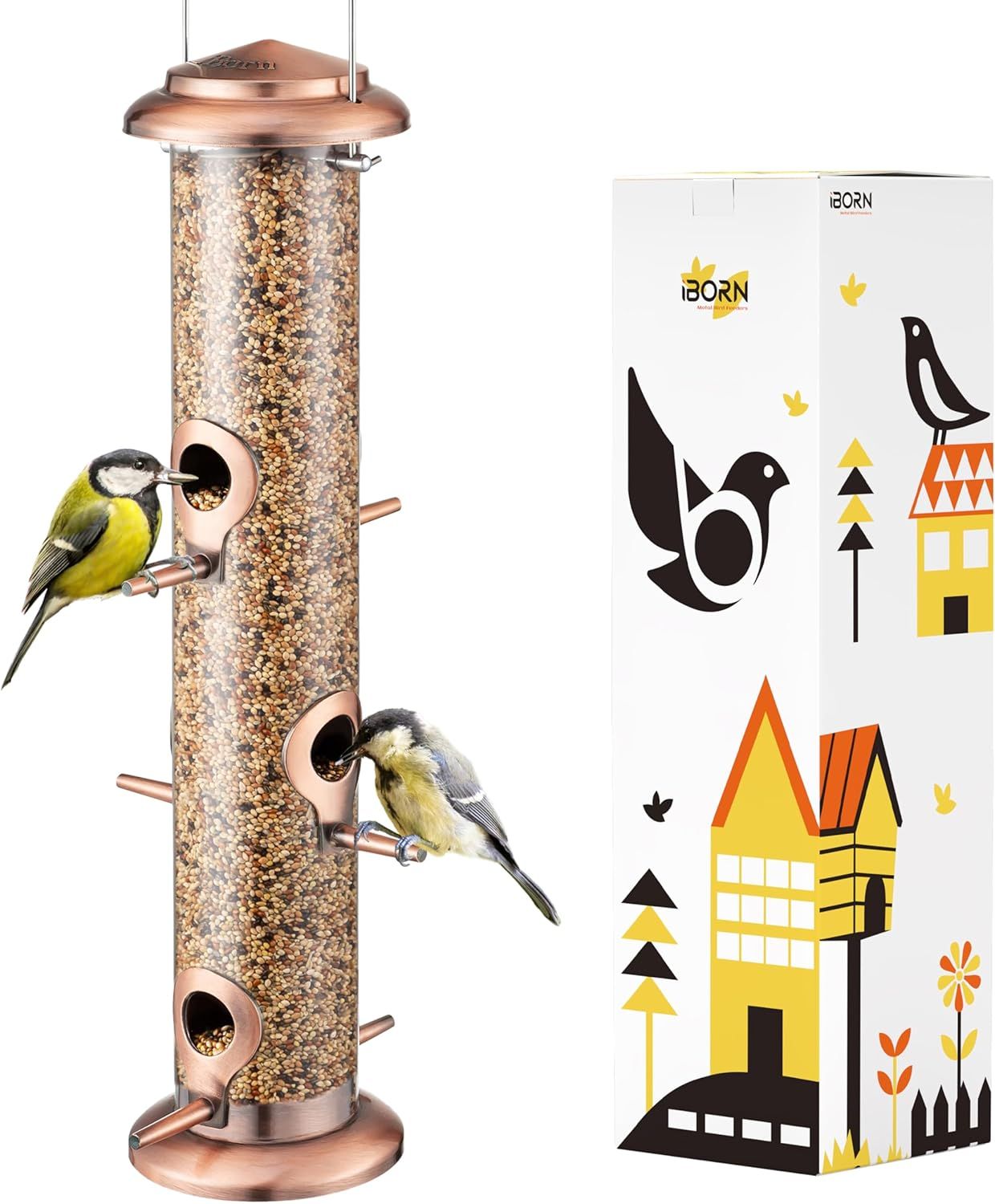 Shows the core product—a copper-toned bird feeder filled with seed and two birds actively using it—to communicate its functionality and appeal to bird enthusiasts. Displays the retail packaging…