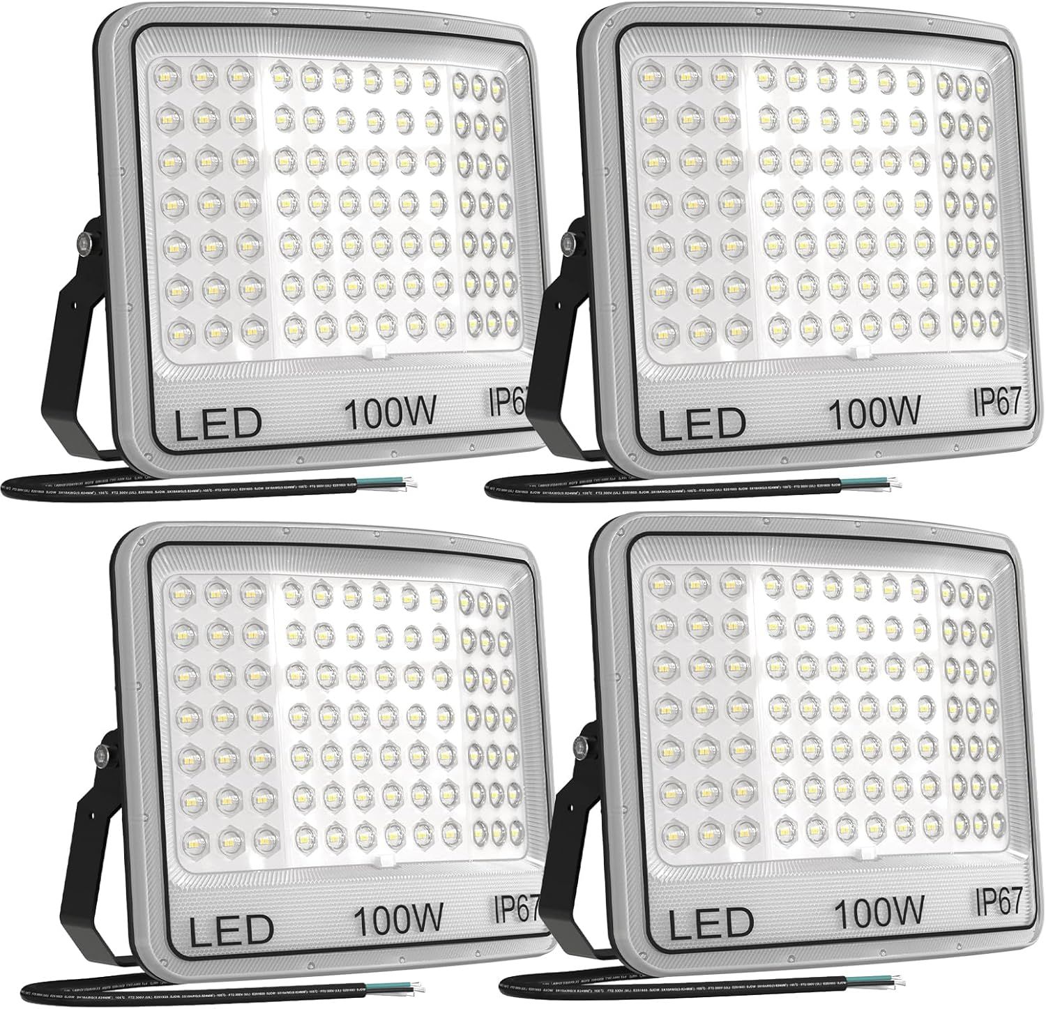 Shows four identical 100W LED floodlights as a multi-pack set, allowing shoppers to see the product clearly and understand they are purchasing multiple units…