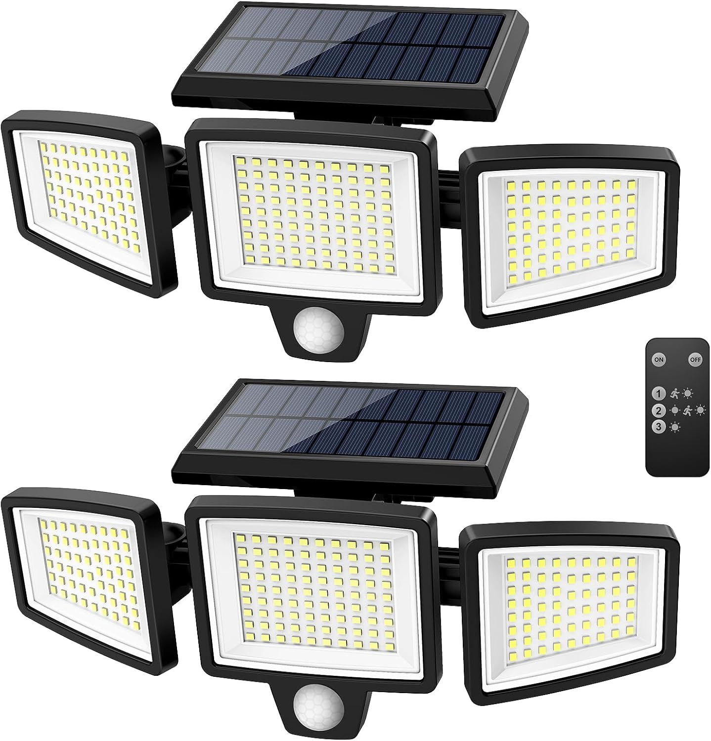 Displays the complete solar security light system showing two units with their solar panels, LED light heads, motion sensors, and remote control to communicate the full product offering and its key…