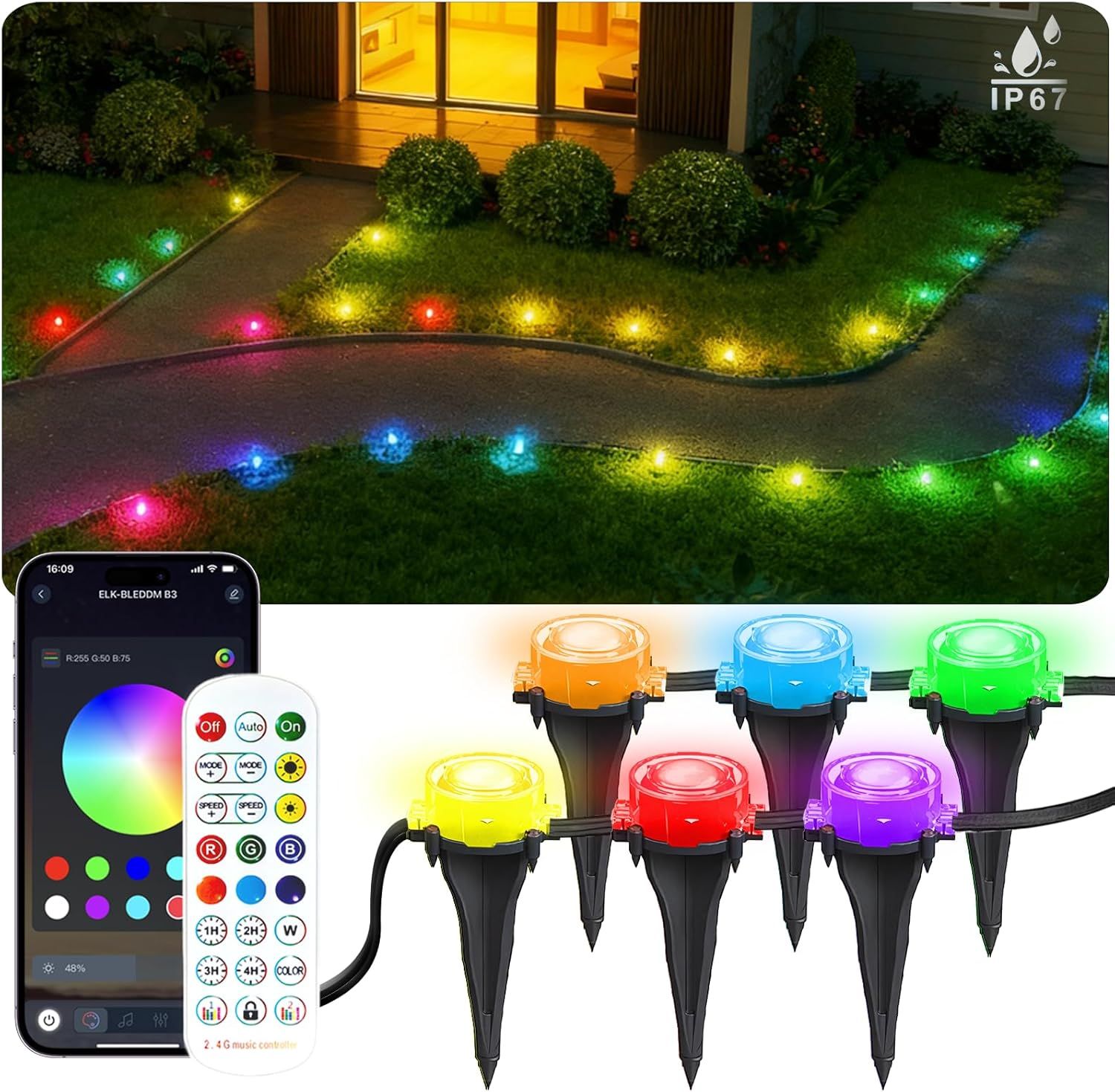 Shows the product installed in a real outdoor setting to demonstrate how the colorful lights illuminate a garden pathway and create an attractive nighttime ambiance. Demonstrates the product's smart…
