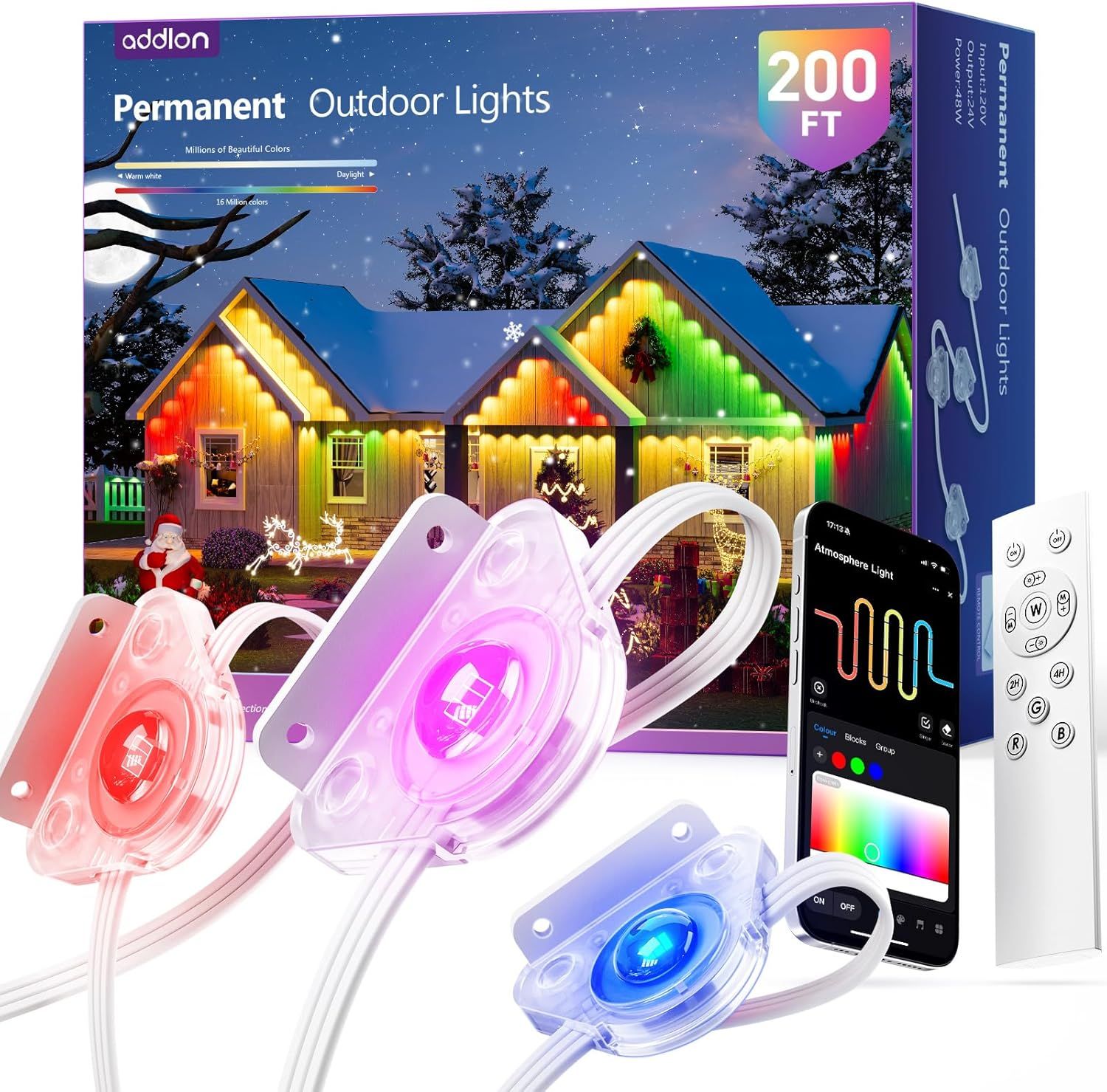 Shows the core product—permanent outdoor lights with individual light nodes, remote control, and smartphone app—to communicate the complete system the buyer…