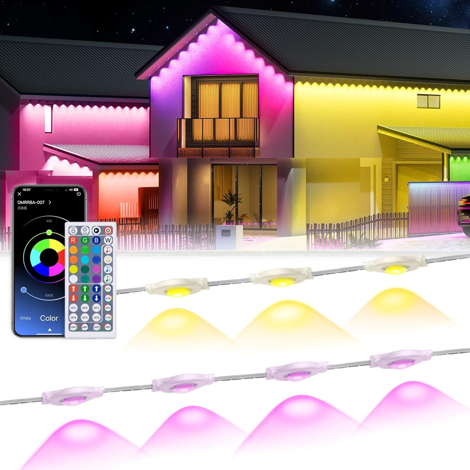 Shows the core product—LED strip lights—in action, demonstrating their ability to produce multiple vibrant colors and their application for home exterior and…