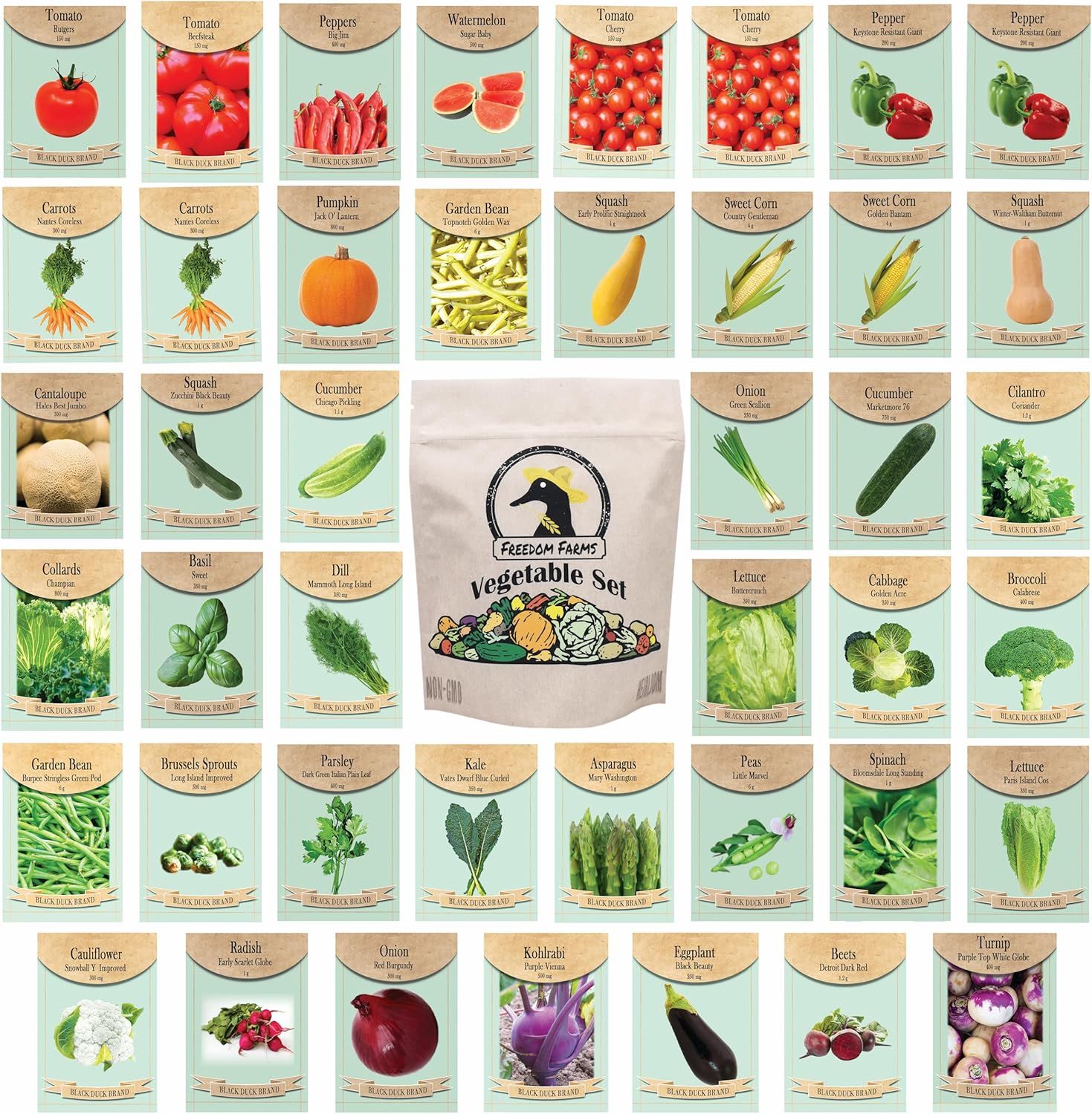 Shows the wide range of vegetable seed varieties available for selection, allowing shoppers to see all the different options they can choose from in the product line.