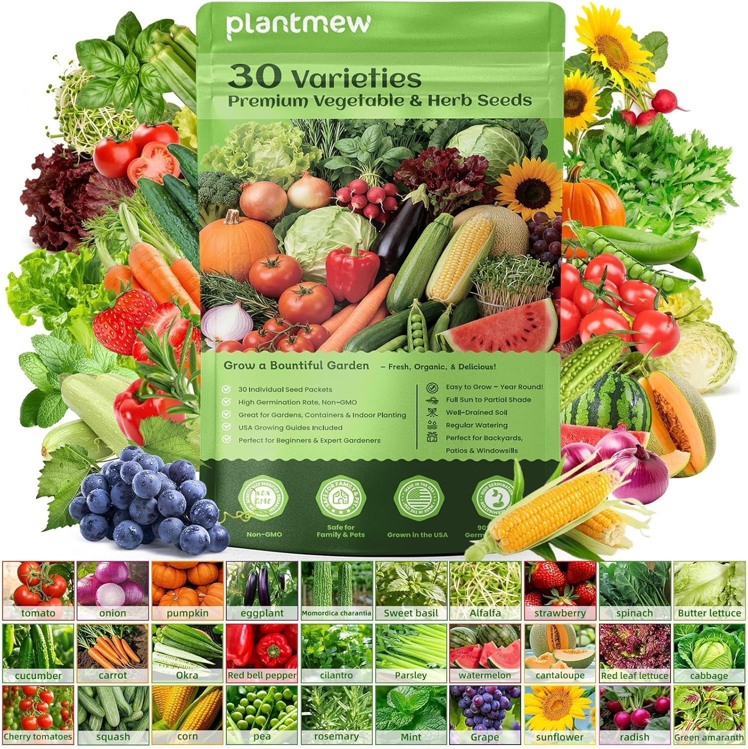 Showcases the retail packaging prominently to communicate the product's comprehensive variety (30 seed types), premium quality, and key selling points like non-GMO certification and USA growing…