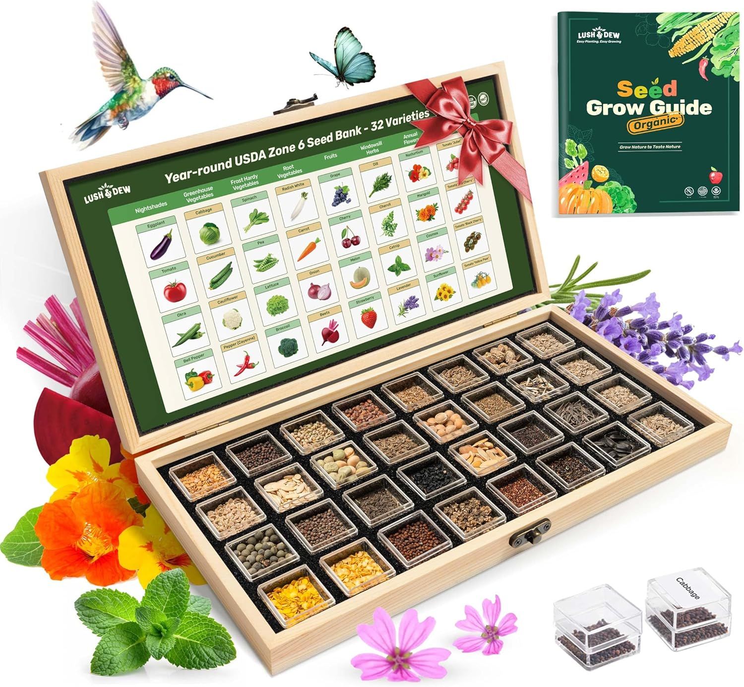 Displays the complete seed bank kit with all 32 seed varieties organized in compartments, along with the included grow guide, to show shoppers exactly what they will receive and how comprehensive…