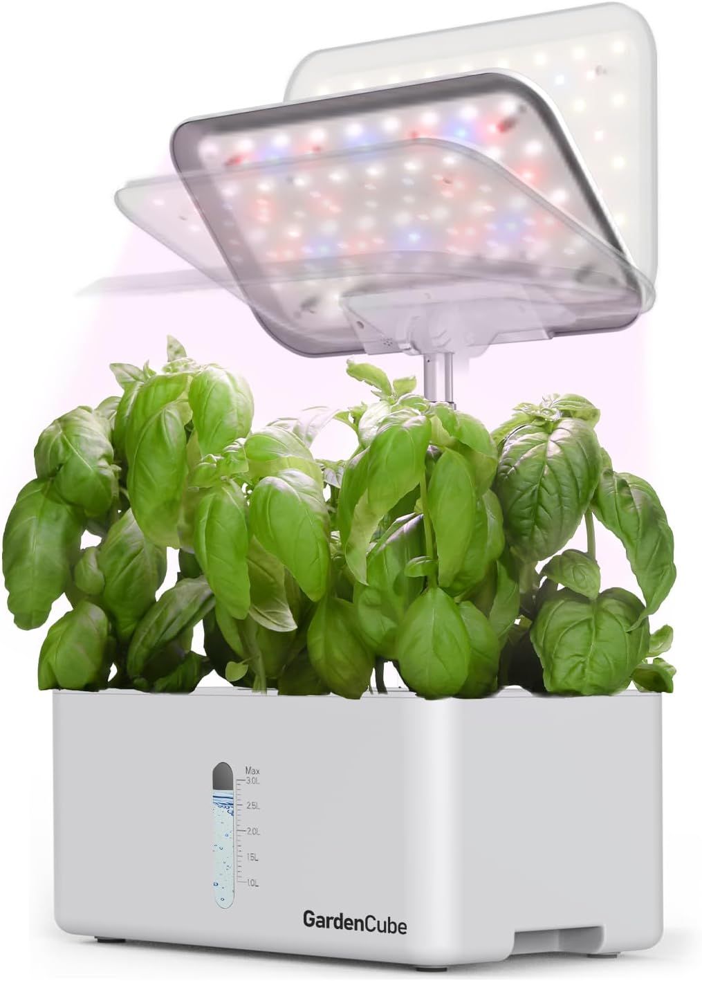 Shows the complete indoor garden system with thriving basil plants to demonstrate the product's ability to grow fresh herbs indoors year-round. Demonstrates the product actively functioning with…