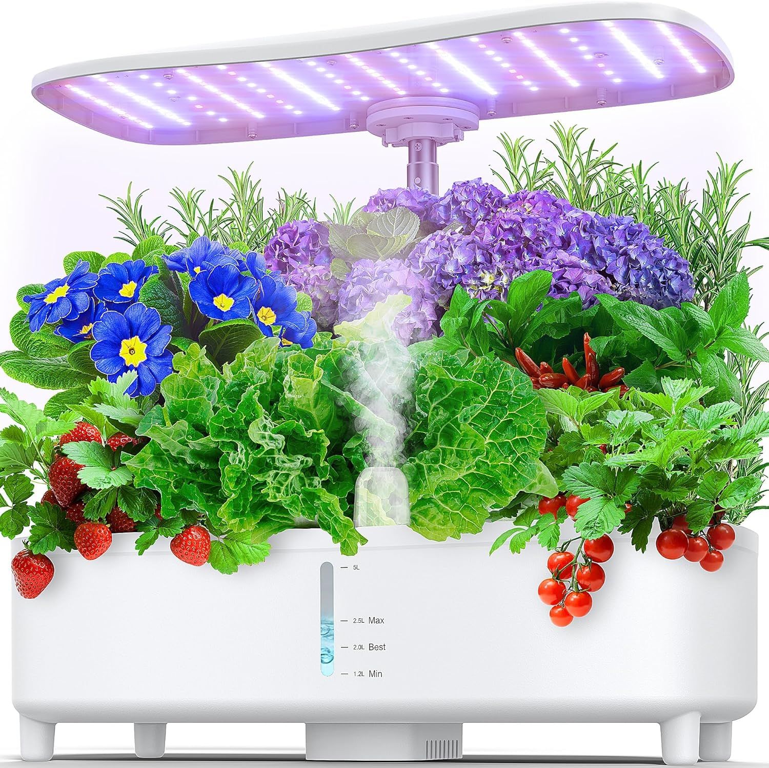 Shows the complete hydroponic garden system with LED grow light actively growing various plants, demonstrating what the buyer receives and how it looks when fully operational. Demonstrates the…