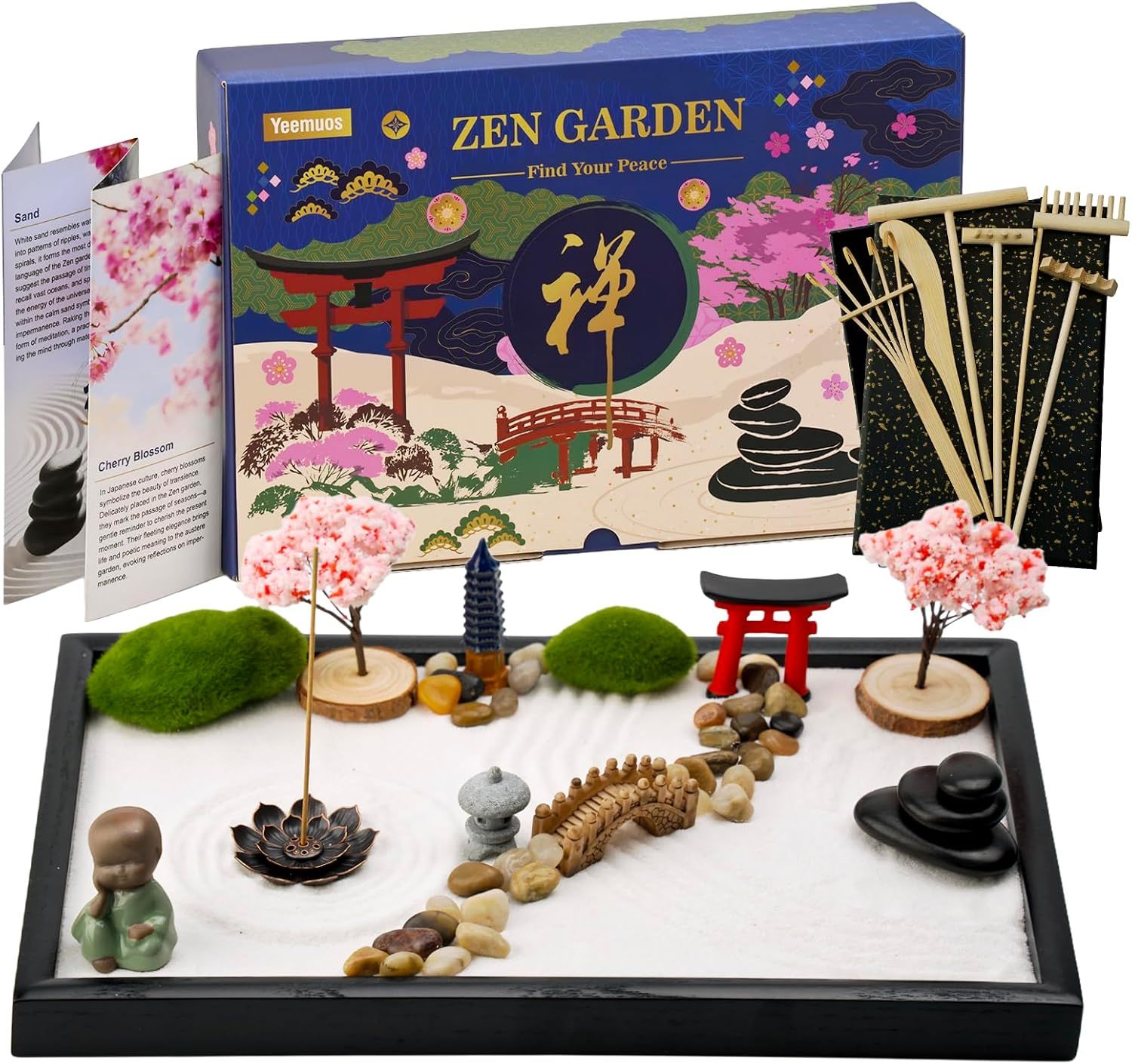 Shows the complete Zen Garden kit with all included components - miniature trees, stones, rake, sand tray, torii gate, pagoda, and decorative elements - to…