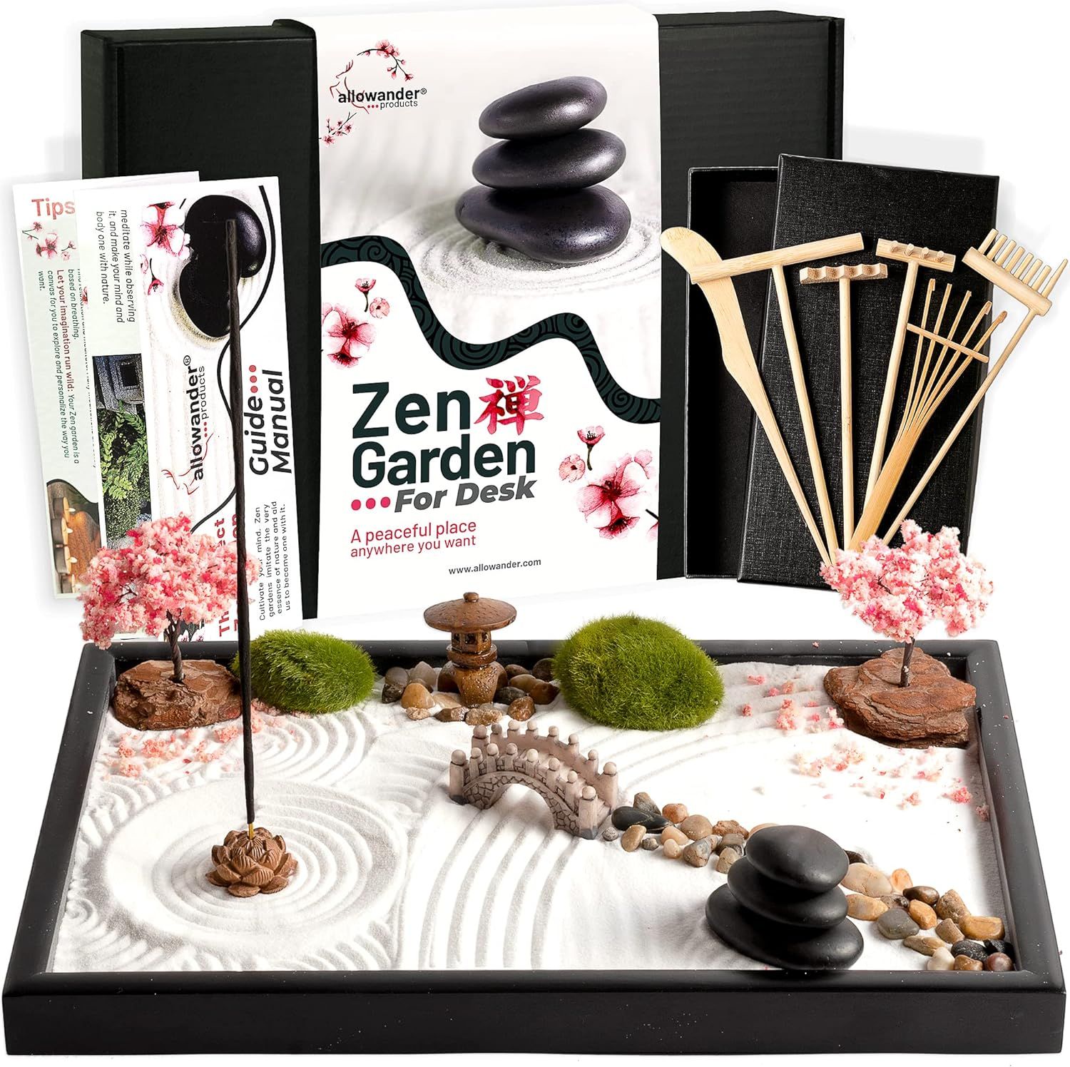 Displays the complete Zen Garden desk kit with all included components (sand tray, stones, miniature trees, bridge, rake tools, and packaging) to show…