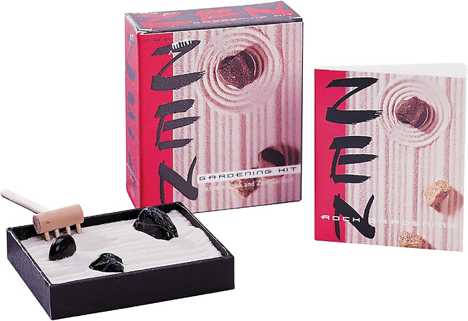Shows the complete zen gardening kit with all included components (sand tray, rake, decorative rocks) to communicate what the buyer receives and how the…