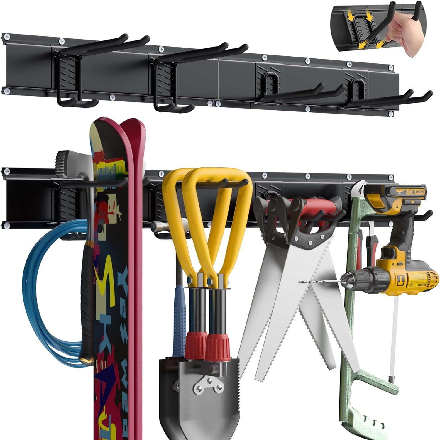 Shows the core product—a modular garage/tool storage rack—both empty and fully loaded with various tools and equipment to demonstrate its versatility and capacity. Demonstrates how the storage rack…