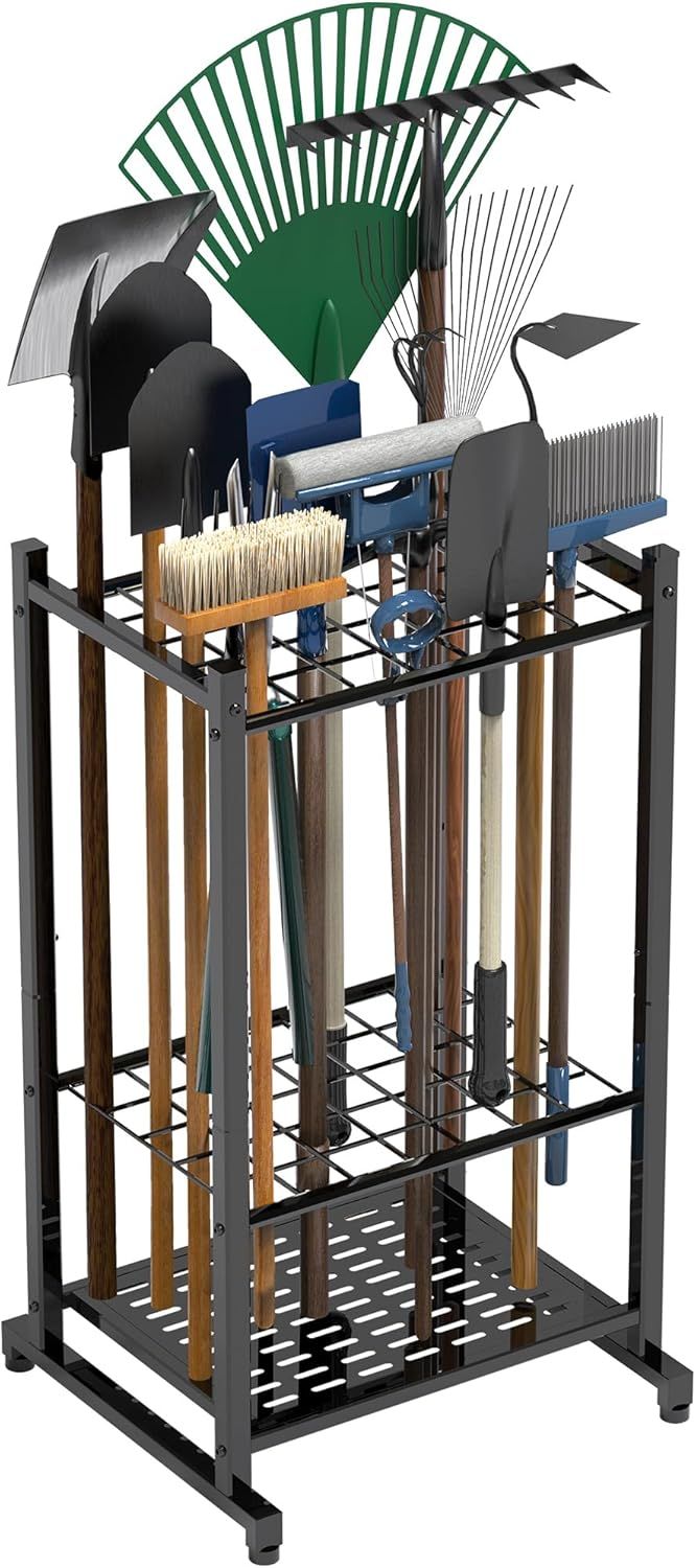 Displays the core product, a multi-tier garden tool storage rack, clearly showing its structure and capacity to hold various long-handled tools and equipment…