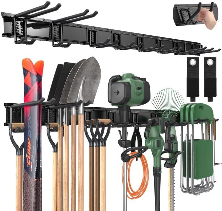 Shows the core product, a modular garage tool organizer system, clearly displaying its design and capacity to hold various tools and equipment. Demonstrates how the product functions as a…
