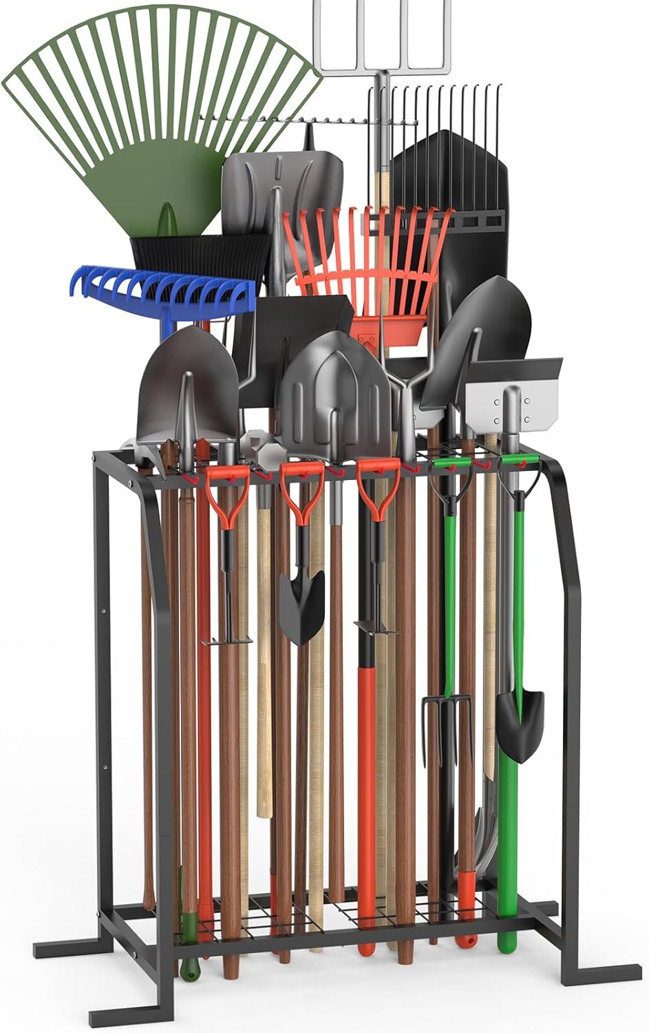 Shows the core product, a freestanding garden tool storage rack, fully loaded with various gardening tools to demonstrate its capacity and organizational…