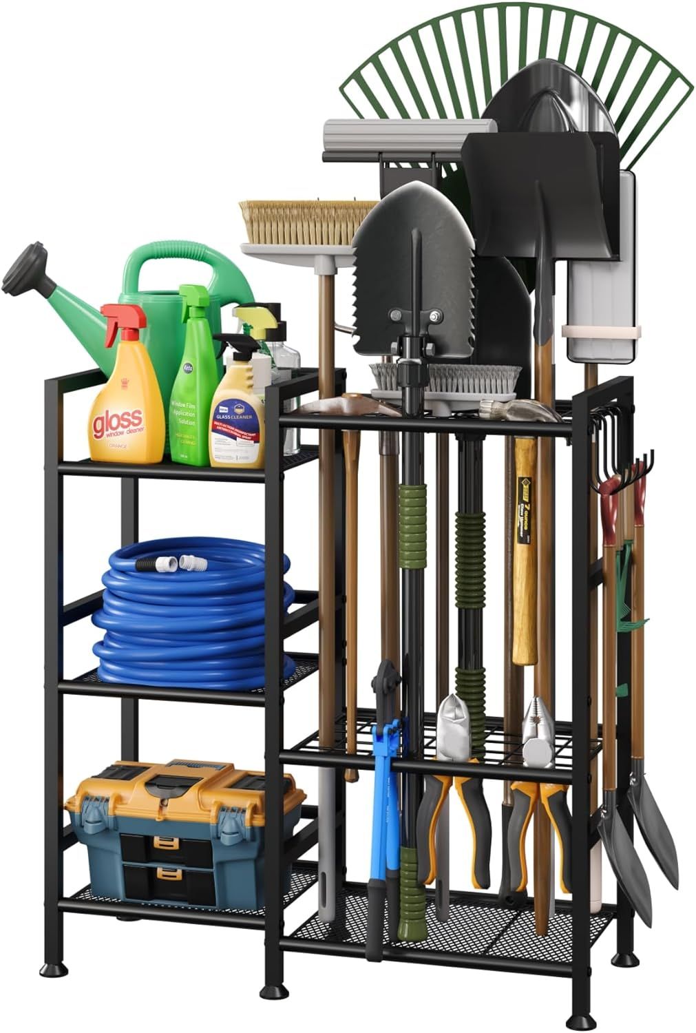 Shows the core product, a black metal storage organizer rack, fully loaded with various garden tools, cleaning supplies, and equipment to demonstrate its storage capacity and organizational…