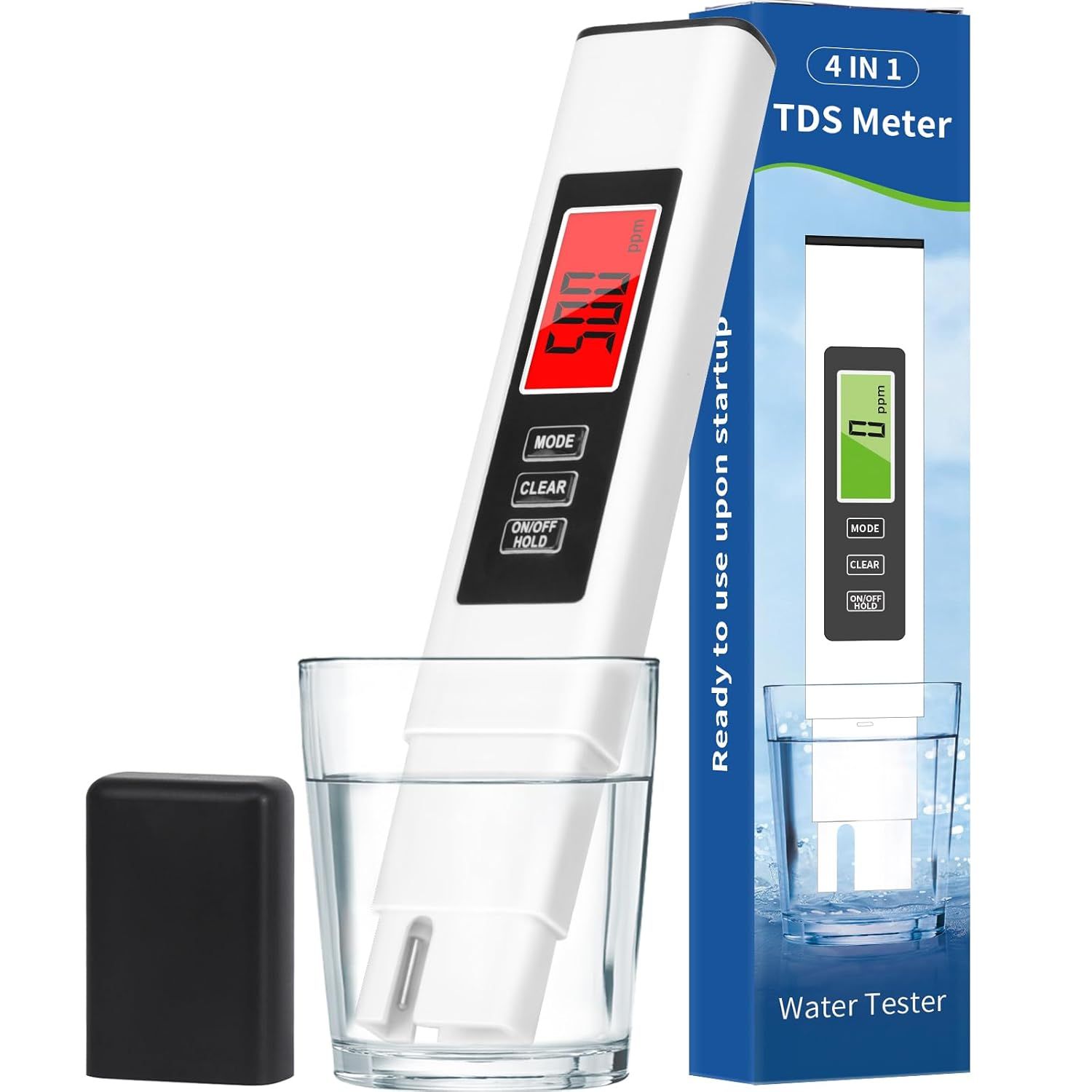 Shows the core product—a 4-in-1 TDS meter—clearly displayed with its packaging to communicate what the shopper will receive and how the device looks and functions. Displays the retail packaging…