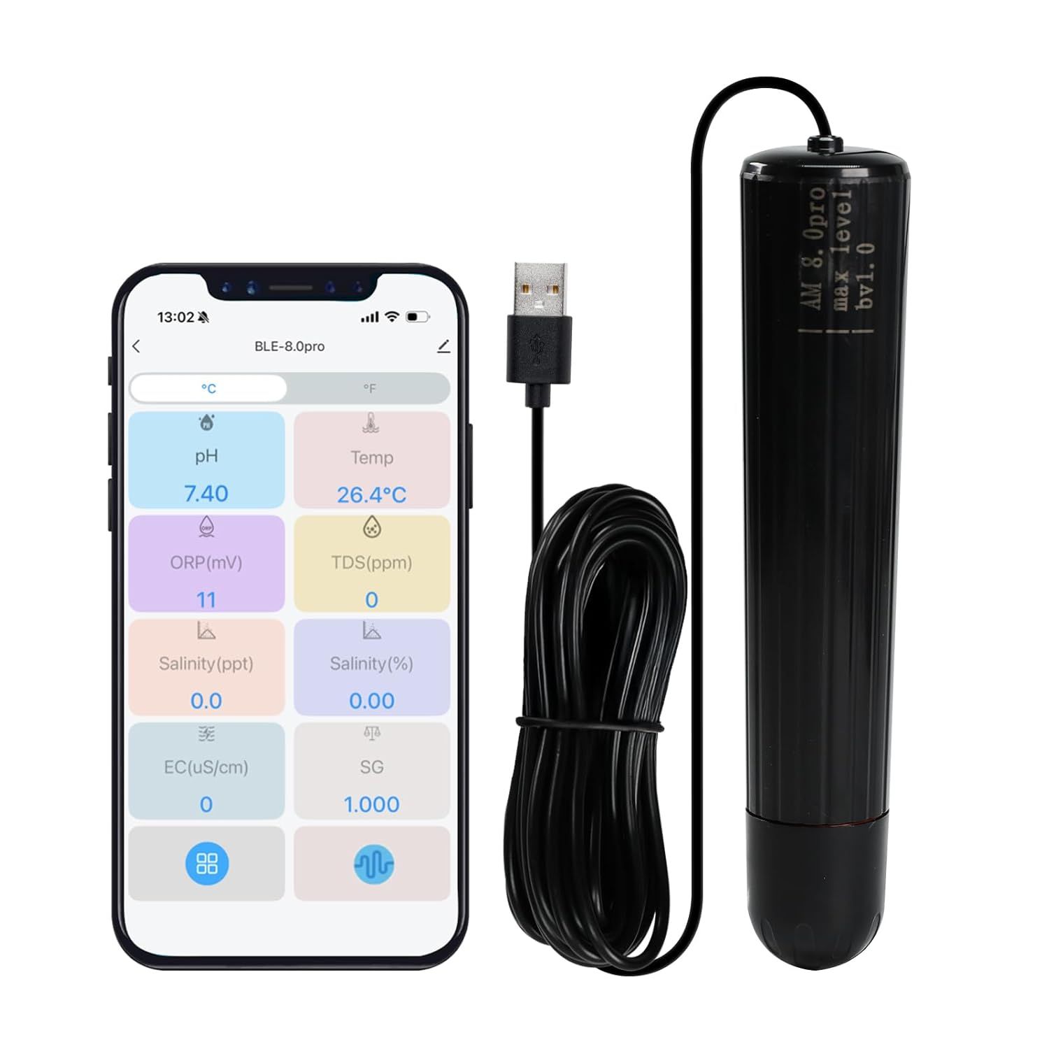 Shows the complete water quality monitoring system including the probe sensor, USB cable, and smartphone app interface to communicate the product's comprehensive testing capabilities and digital…