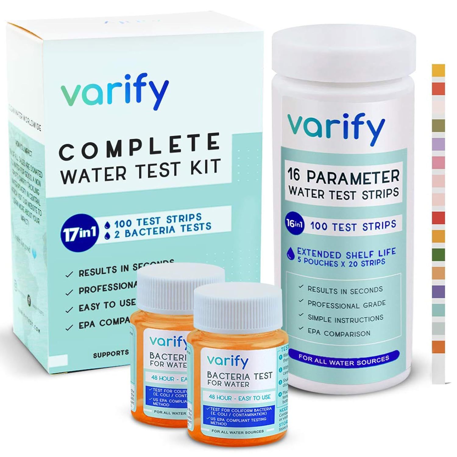 Shows the complete water testing system including the box, test strip bottle, and bacteria test bottles to communicate the full kit contents and comprehensive testing capability. Displays the retail…