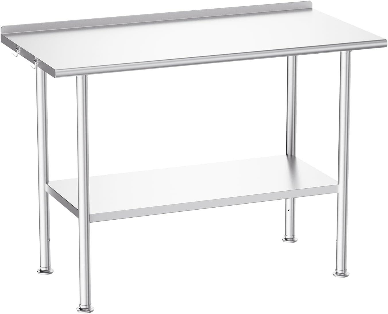 Displays the core product clearly on a white background to show its construction, materials, and design features including the stainless steel surface, lower shelf, and raised backsplash.