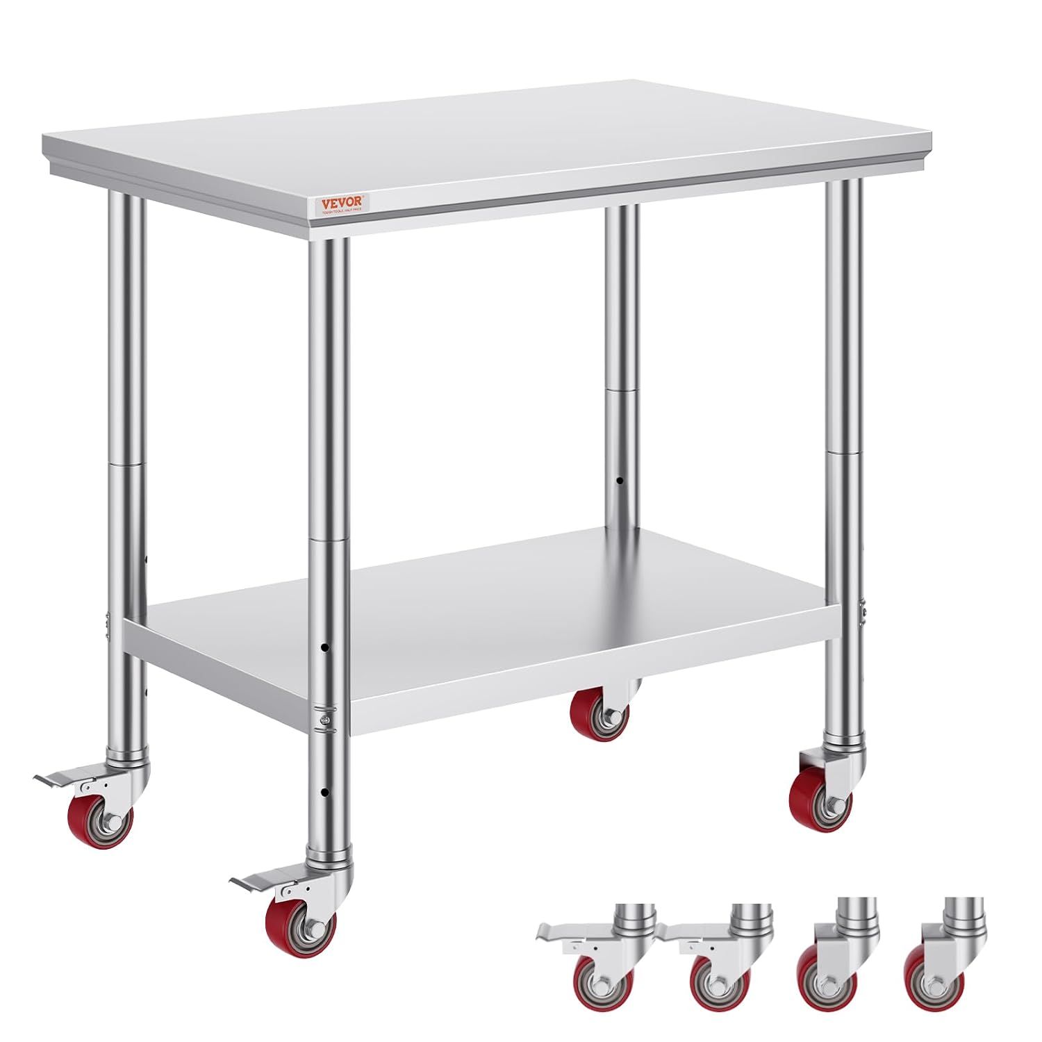 Shows the core product clearly - a commercial-grade stainless steel work table with casters for mobility, highlighting its professional construction and two-tier design. Displays the four included…
