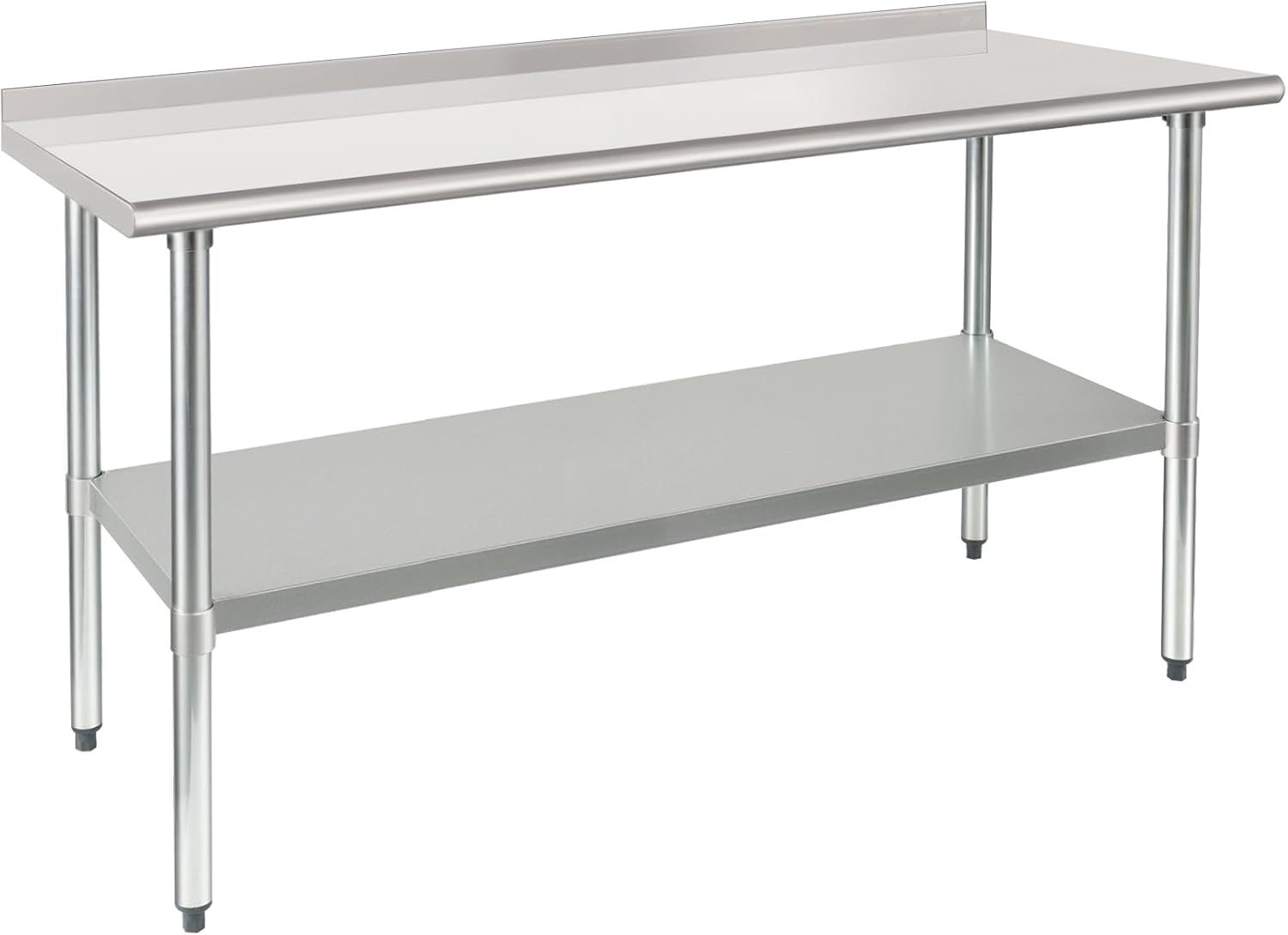 Displays the core product, a commercial-grade stainless steel work table with two shelves and a backsplash, clearly showing its construction and design to help shoppers evaluate its suitability for…