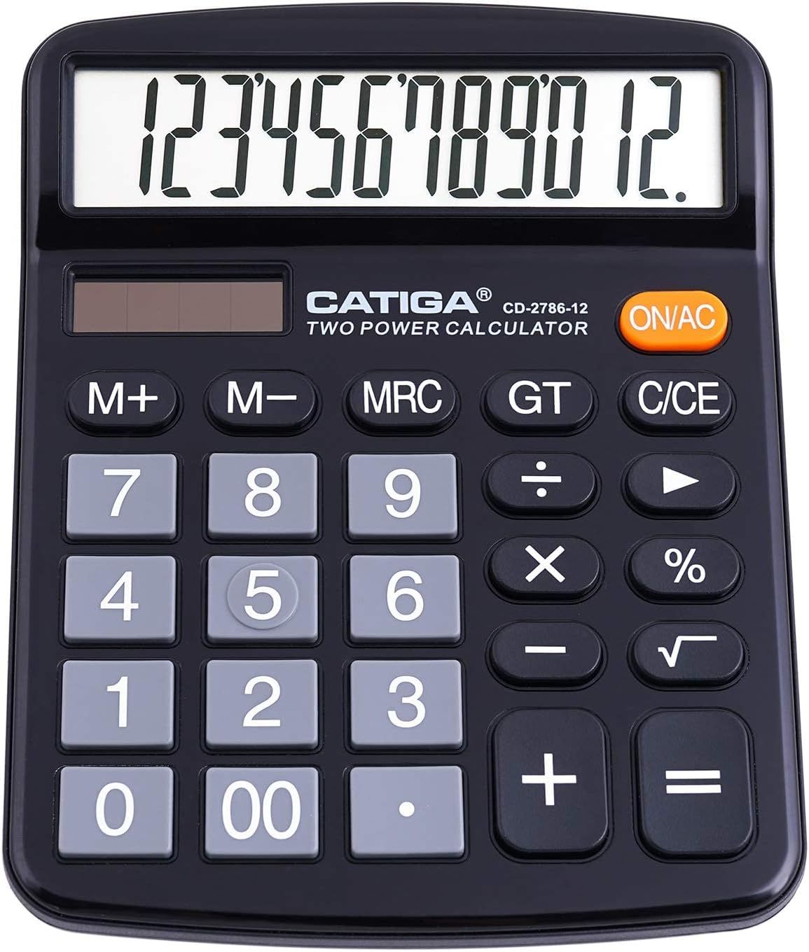 Shows the calculator product clearly with its key features visible including the large 12-digit display, dual power capability, and easy-to-read button layout…