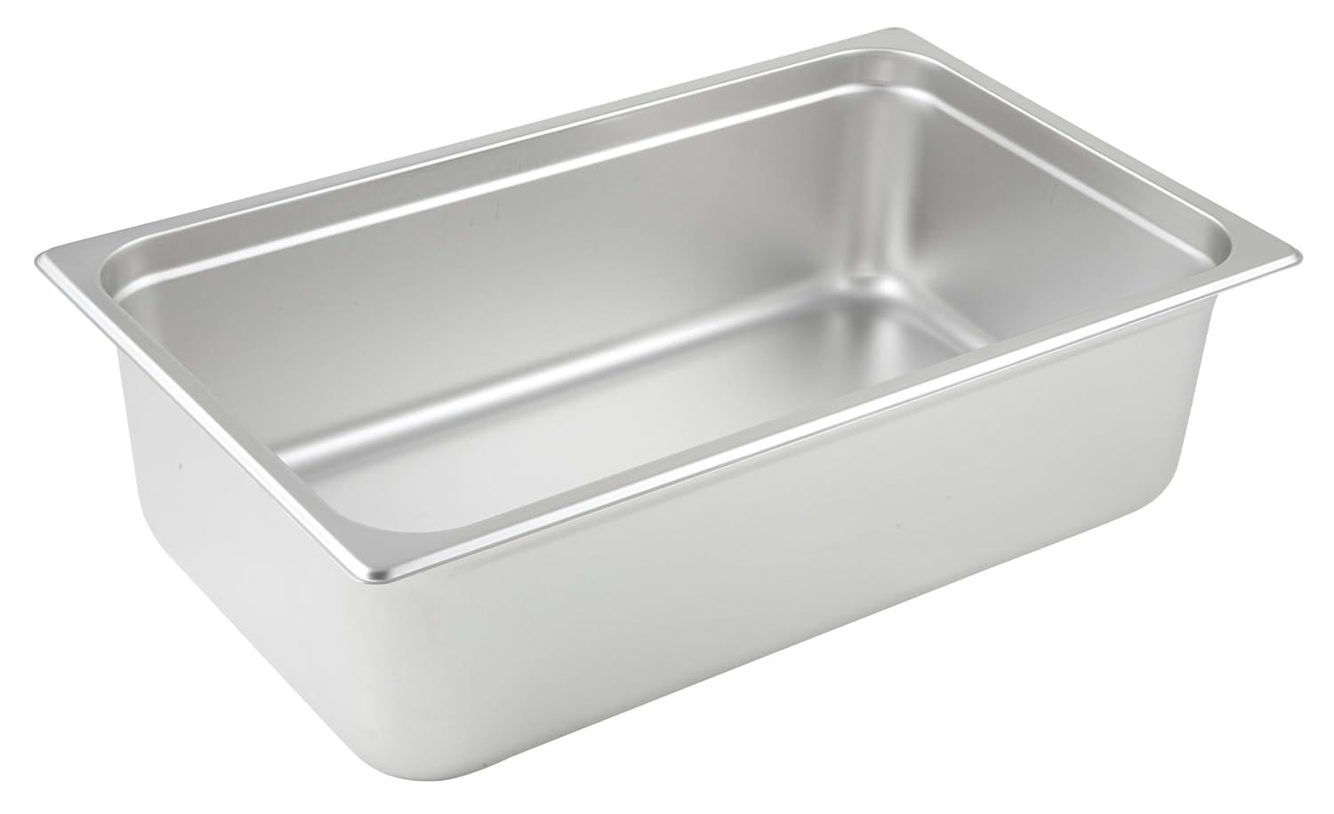 Displays the core product, a stainless steel food pan or container, in a clean catalog style to show its shape, size, and material quality.