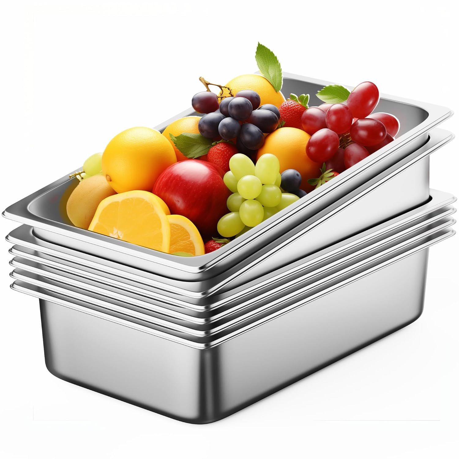 Displays the core product, a set of stainless steel food pans shown stacked together with fresh fruit to demonstrate size and food storage capability. Uses colorful fresh fruit as a visual prop to…
