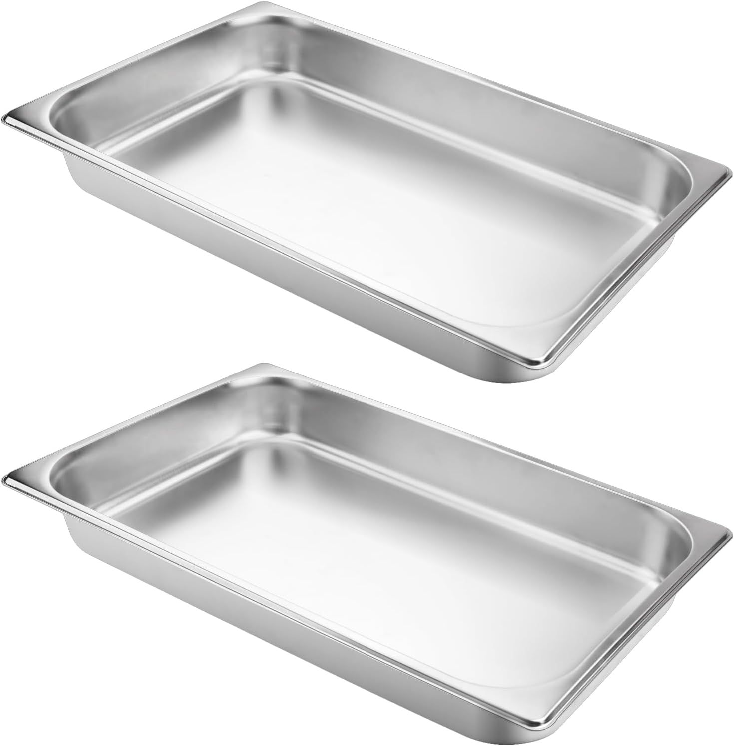 Shows two identical stainless steel food pans in a clean catalog style to communicate the product's professional quality and that this is a multi-pack purchase.