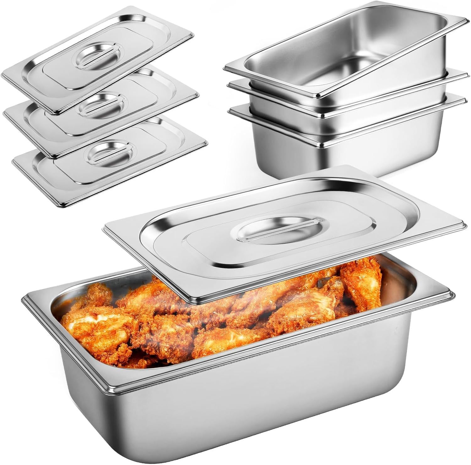 Shows the complete set of stainless steel food pans with lids and demonstrates their use by displaying fried chicken in the foreground pan, helping shoppers understand what they're purchasing and…