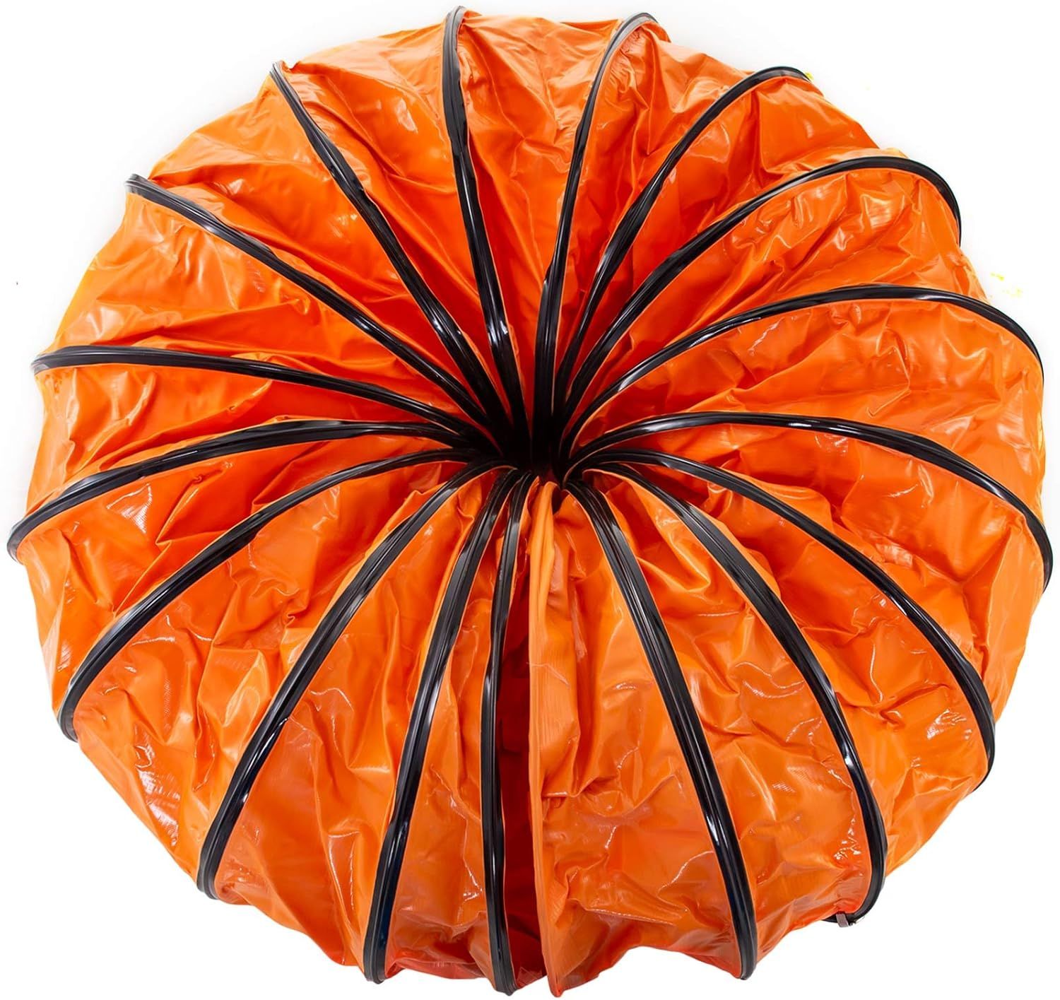 Shows the core product, a flexible collapsible duct or tube with reinforced ribs, demonstrating its accordion-style construction and bright orange color for visibility. Uses a subtle drop shadow…