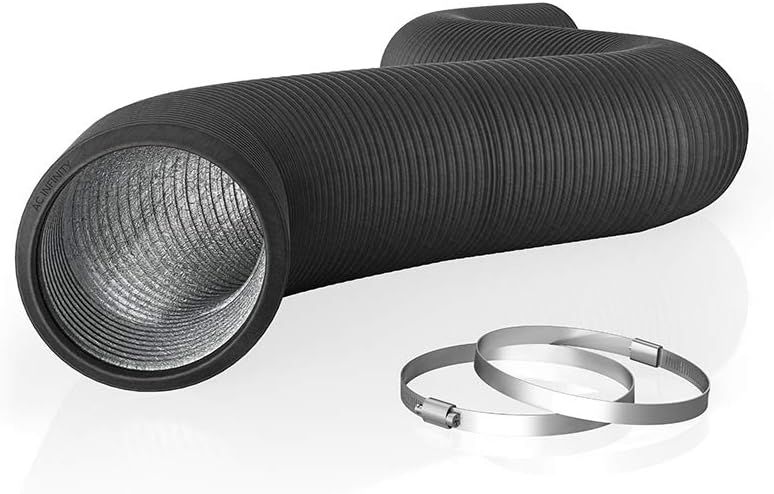 Shows the core product, a flexible expandable duct hose with visible ribbed construction, to communicate its primary form and structure. Displays the metal hose clamps included with the duct to…
