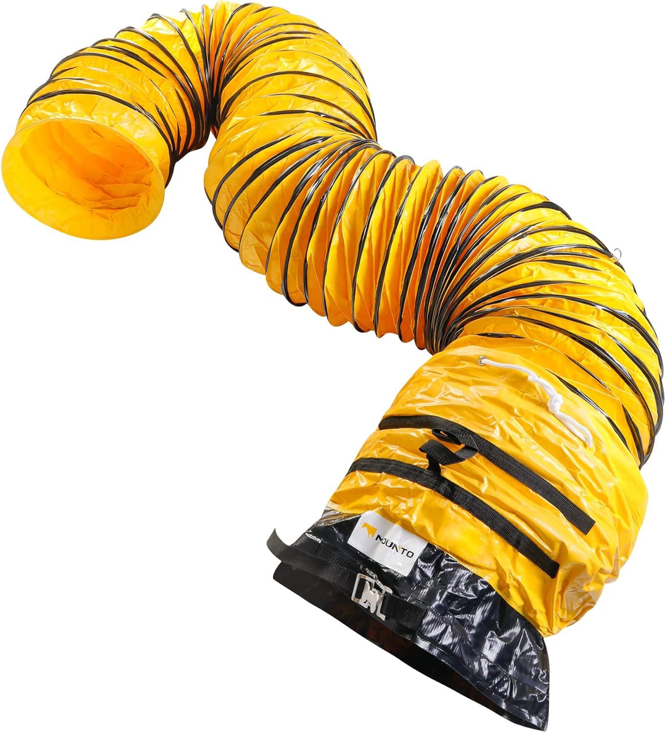 Shows the core product clearly - a yellow flexible ducting hose with black reinforcement rings, displayed fully extended to demonstrate its length and construction quality. Demonstrates the…