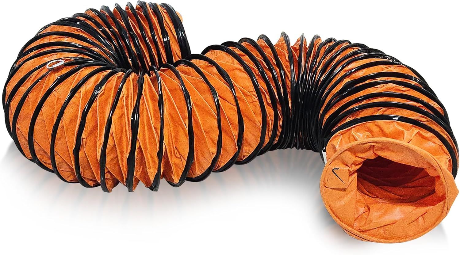 Shows the core product, a flexible orange and black ducting hose, clearly displaying its collapsible accordion-style construction and material to help…