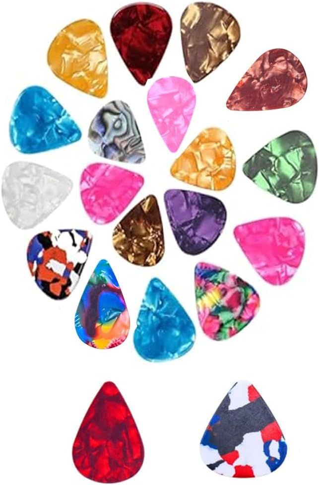 Displays the full range of colorful guitar picks available in the set, showing shoppers the variety and visual appeal of the product. Showcases the many different colors and patterns available,…