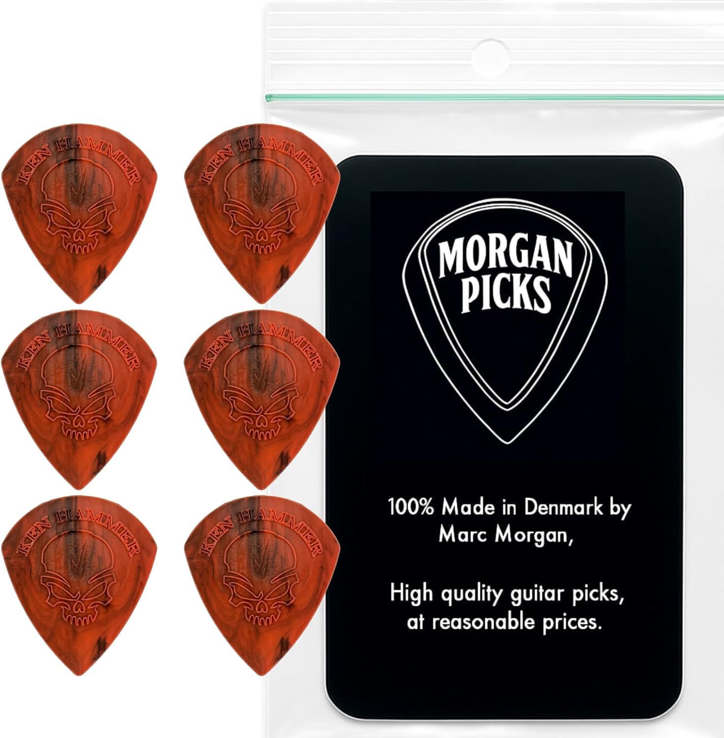 Shows the core product—six wooden guitar picks with Ken Hammer branding—alongside the Morgan Picks branded package to communicate what the buyer receives. Displays the Morgan Picks branded package…