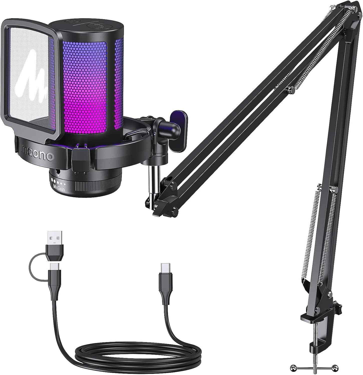 Displays the complete microphone setup including the core product, boom arm mount, and included cables to show shoppers exactly what they will receive and how the product looks when assembled. Shows…