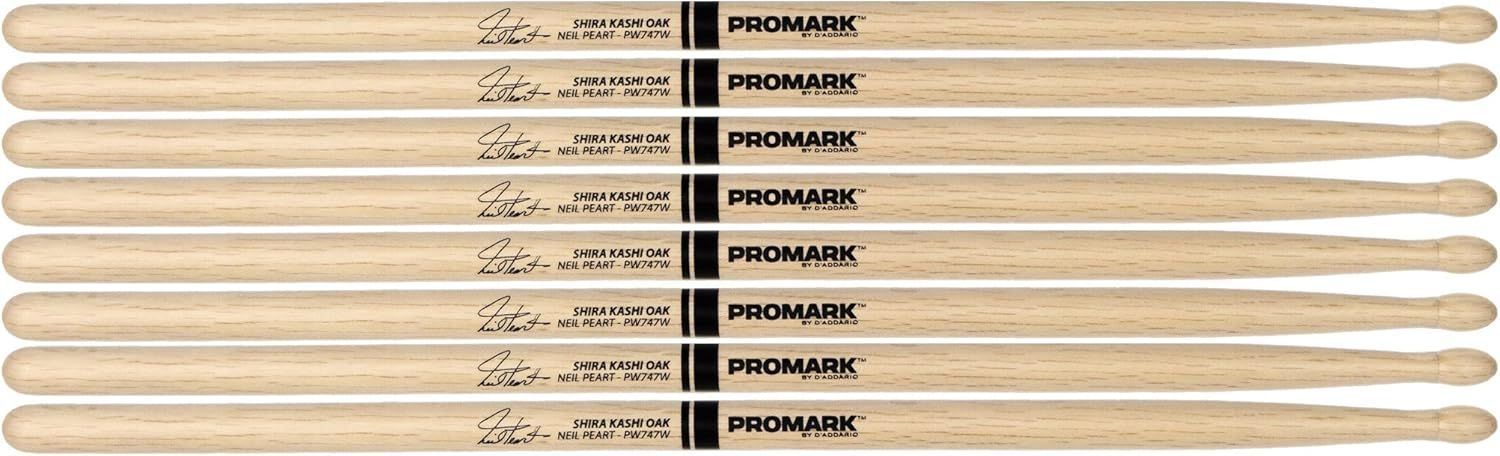 Displays the core product, a multi-pack of eight identical Promark drumsticks with Neil Peart signature and Shira Kashi Oak material specification, allowing shoppers to see the branding, wood…